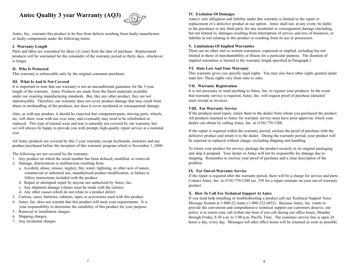 Antec quality 3 year warranty (aq3) | Antec PERFORMANCE II SERIES SX1000BII User Manual | Page 4 / 4