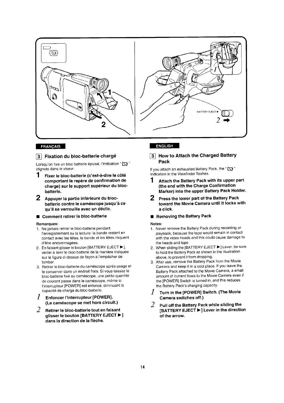 Fixation du bioc-batterie chargé, Remarques, How to attach the charged battery pack | Notes | Panasonic NV-RX1-2-5 User Manual | Page 10 / 113