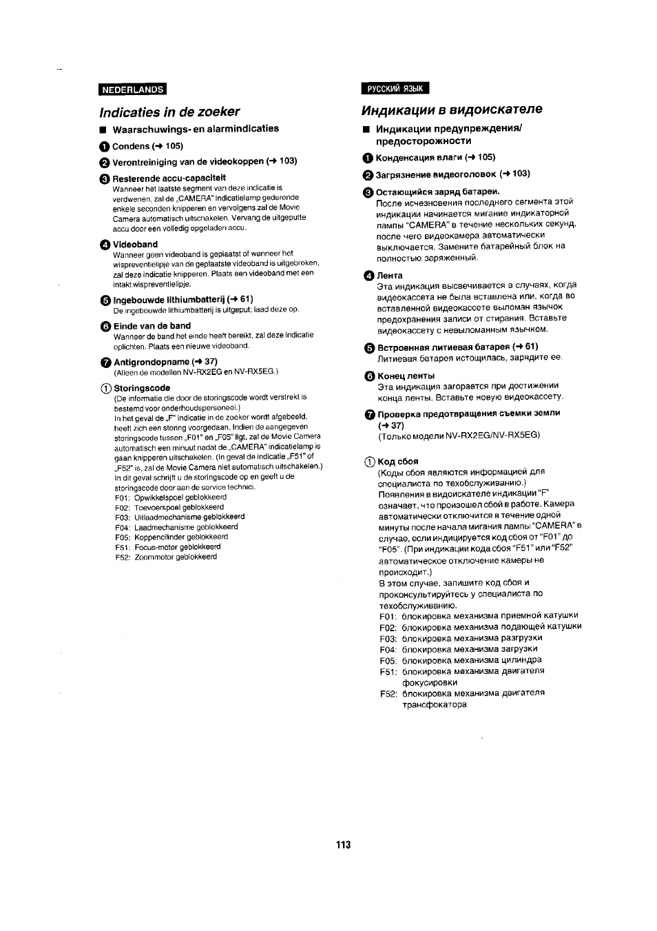 Indicaties in de zoeker, 0 verontreiniging van de videokoppen (-» 103), 0 ingebouwde lithiumbatterij (-» 61) | 0 einde van de band, 0 antigrondopname 37), Индикации в видоискателе, Ш индикации предупреждения/ предосторожности, 0 загрязнение видеоголовок (-» 103), 0 остающийся заряд батареи, 0 встроенная литиевая батарея (ч 61) | Panasonic NV-RX1-2-5 User Manual | Page 102 / 113