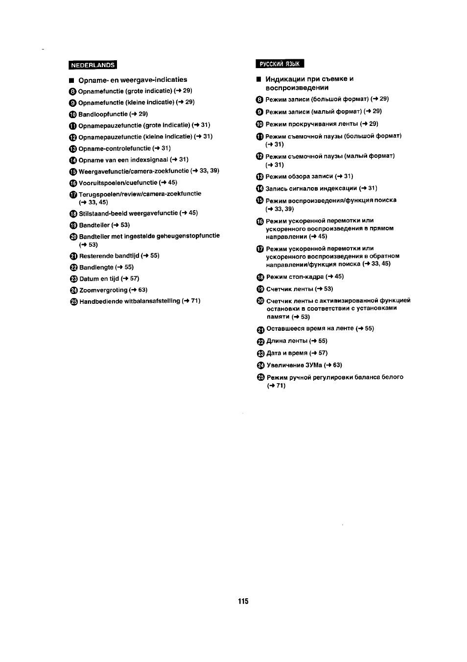 Opname-en weergave-indicaties, Индикации при съемке и воспроизведении | Panasonic NV-RX1-2-5 User Manual | Page 104 / 113