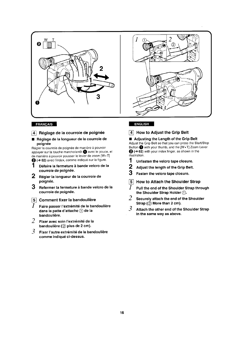 4] réglage de la courroie de poignée, S] comment fixer la bandoulière, 4] how to adjust the grip belt | How to attach the shoulder strap | Panasonic NV-RX1-2-5 User Manual | Page 12 / 113