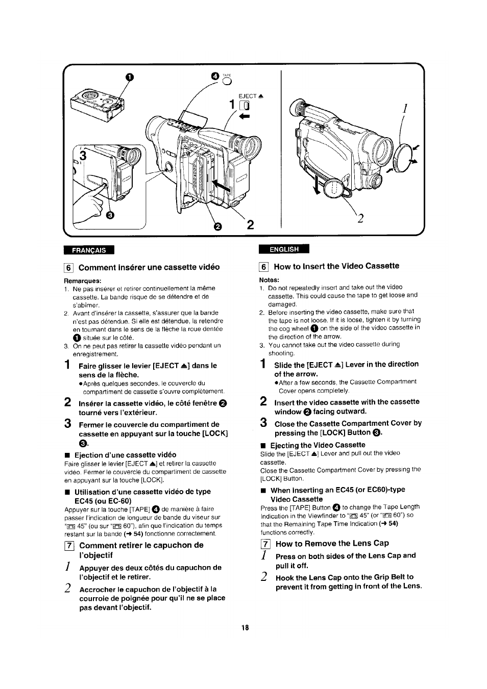 6] comment insérer une cassette vidéo, Remarques, T] comment retirer le capuchon de l’objectif | 5 how to insert the video cassette, Notes, How to remove the lens cap | Panasonic NV-RX1-2-5 User Manual | Page 14 / 113