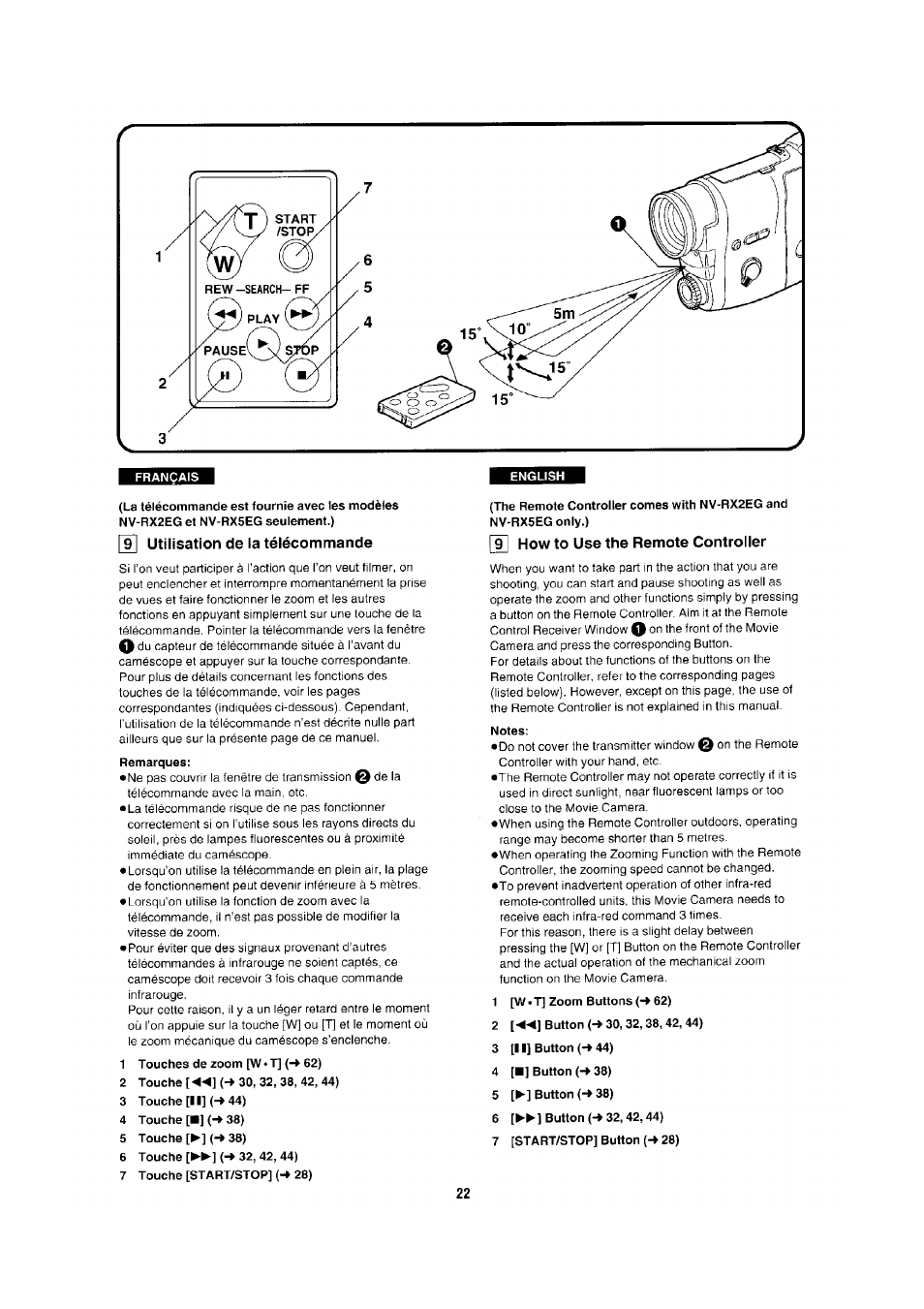 9] utilisation de la télécommande, Remarques, 1 touches de zoom [w»t] (-» 62) | 2 touche[^^](-» 30, 32, 38, 42, 44), 3 touche [ii] (->44), 4 touche [■]{-> 38), 5 touche [►](-> 38), 6 touche[^^](-»32, 42, 44), 7 touche [start/stop] (-♦ 28), 9] how to use the remote controller | Panasonic NV-RX1-2-5 User Manual | Page 18 / 113