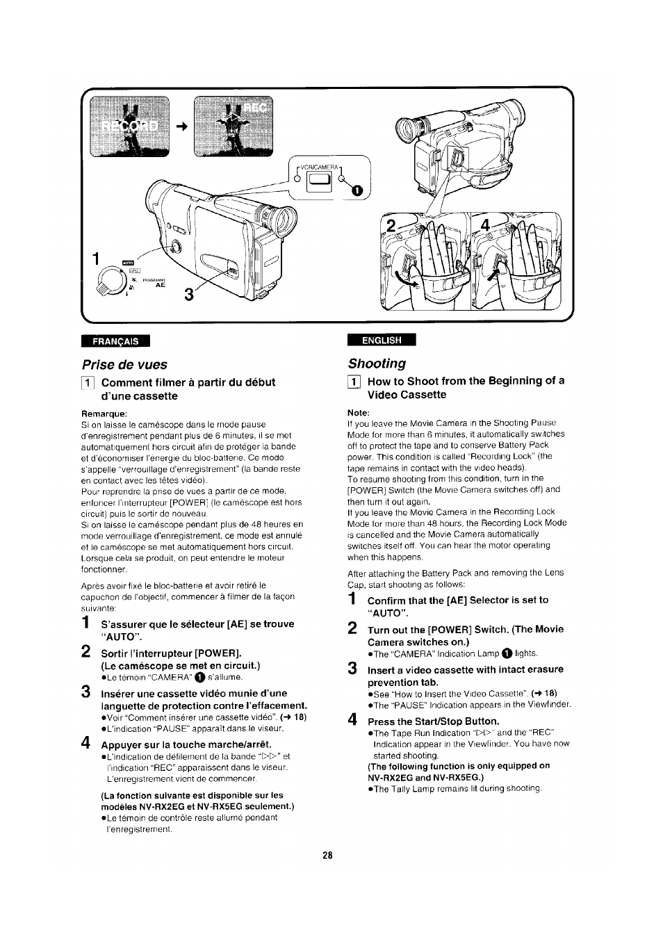 Prise de vues, T] comment filmer à partir du début d’une cassette, Remarque | Shooting, Note | Panasonic NV-RX1-2-5 User Manual | Page 24 / 113