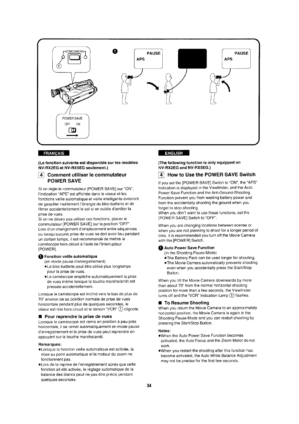 4] comment utiliser le commutateur power save, Pour reprendre la prise de vues, 4] how to use the power save switch | To resume shooting, Comment utiliser le commutateur | Panasonic NV-RX1-2-5 User Manual | Page 30 / 113