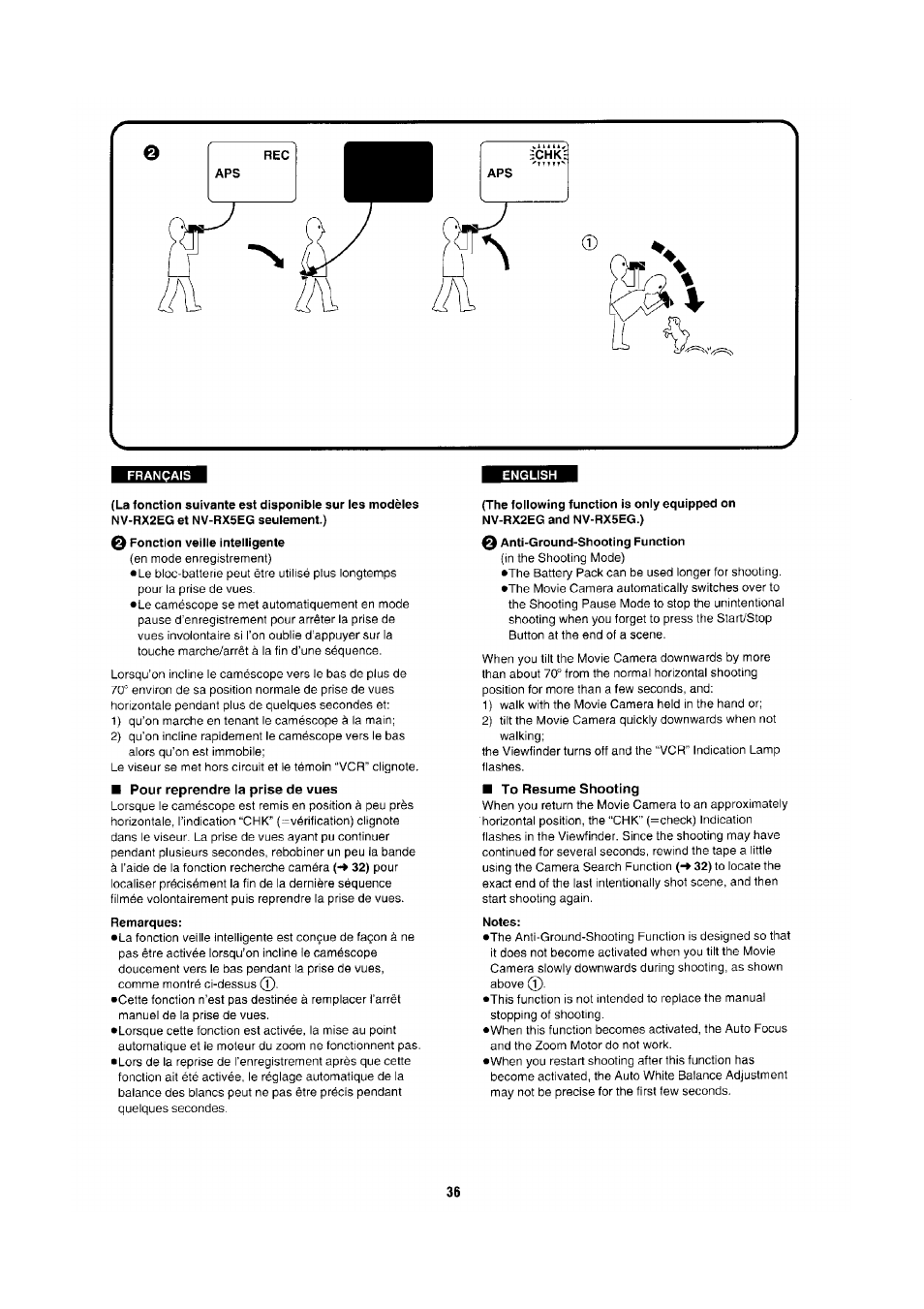 Français, Pour reprendre la prise de vues, Remarques | To resume shooting, Notes | Panasonic NV-RX1-2-5 User Manual | Page 32 / 113