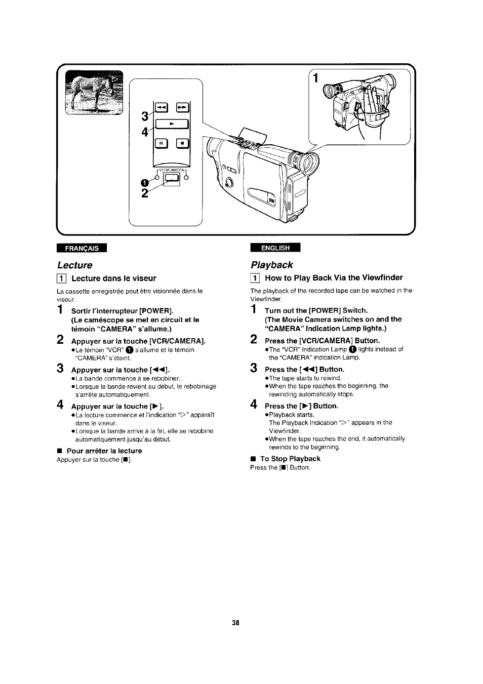 Français, Pt| lecture dans le viseur, 1 sortir l’interrupteur [power | 2 appuyer sur la touche [vcr/camera, 3 appuyer sur la touche, 4 appuyer sur ta touche, Pour arrêter la lecture, T| how to play back via the viewfinder, 1 turn out the [power] switch, 2 press the [vcr/camera] button | Panasonic NV-RX1-2-5 User Manual | Page 34 / 113