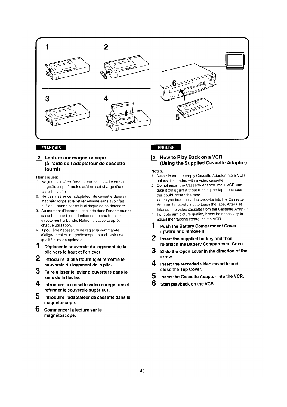 Y| lecture sur magnétoscope, À l’aide de l’adaptateur de cassette fourni), Remarques | In how to play back on a vcr, Using the supplied cassette adaptor), Notes | Panasonic NV-RX1-2-5 User Manual | Page 36 / 113