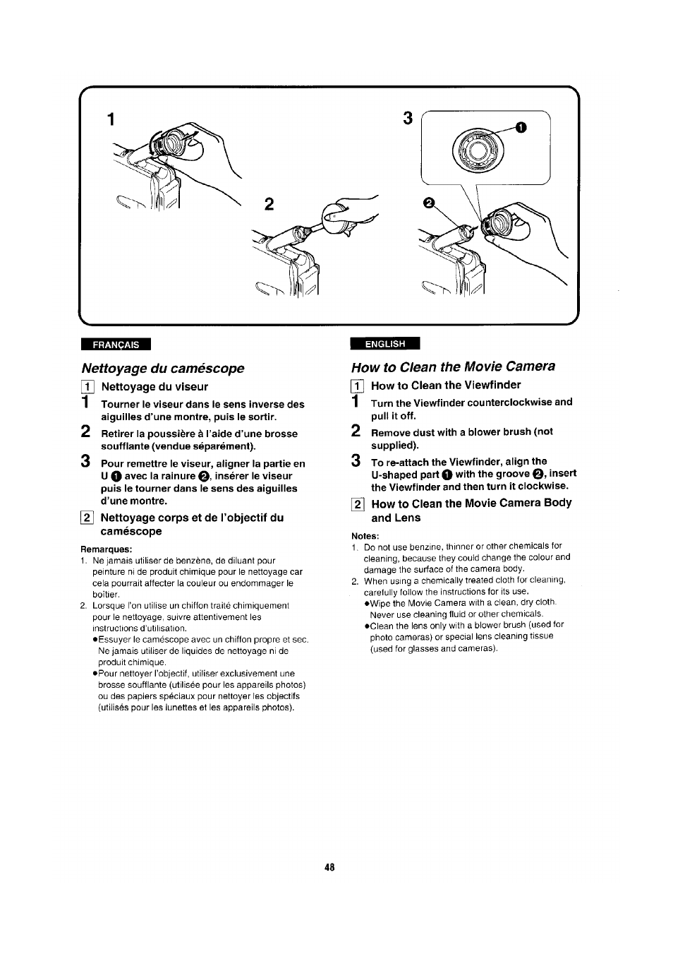 Nettoyage du caméscope, Pf] nettoyage du viseur, Nettoyage corps et de l’objectif du caméscope | Remarques, How to clean the movie camera, T] how to clean the viewfinder, How to clean the movie camera body and lens, Notes | Panasonic NV-RX1-2-5 User Manual | Page 44 / 113