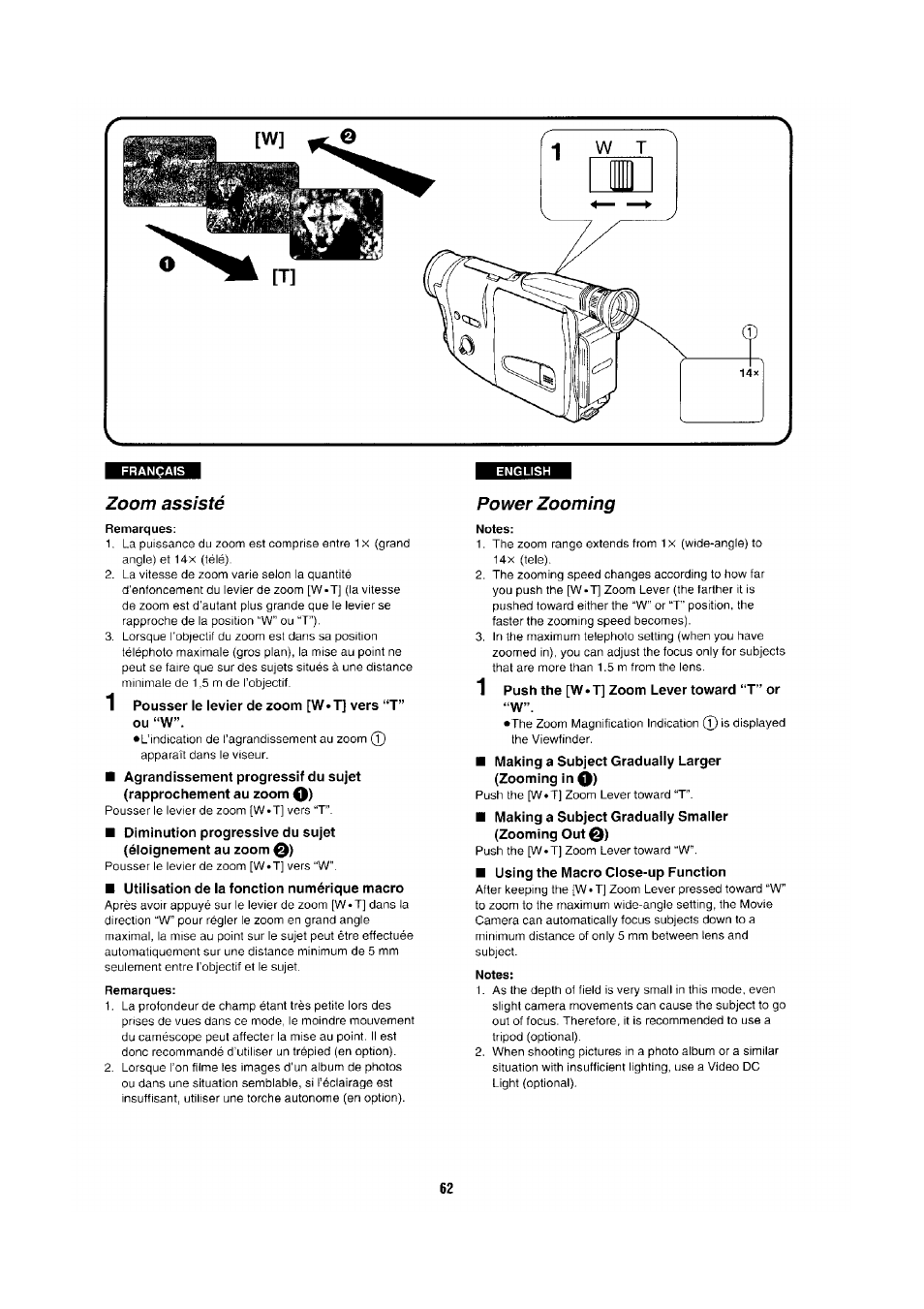 Français, Zoom assisté, Remarques | Power zooming, Notes | Panasonic NV-RX1-2-5 User Manual | Page 58 / 113
