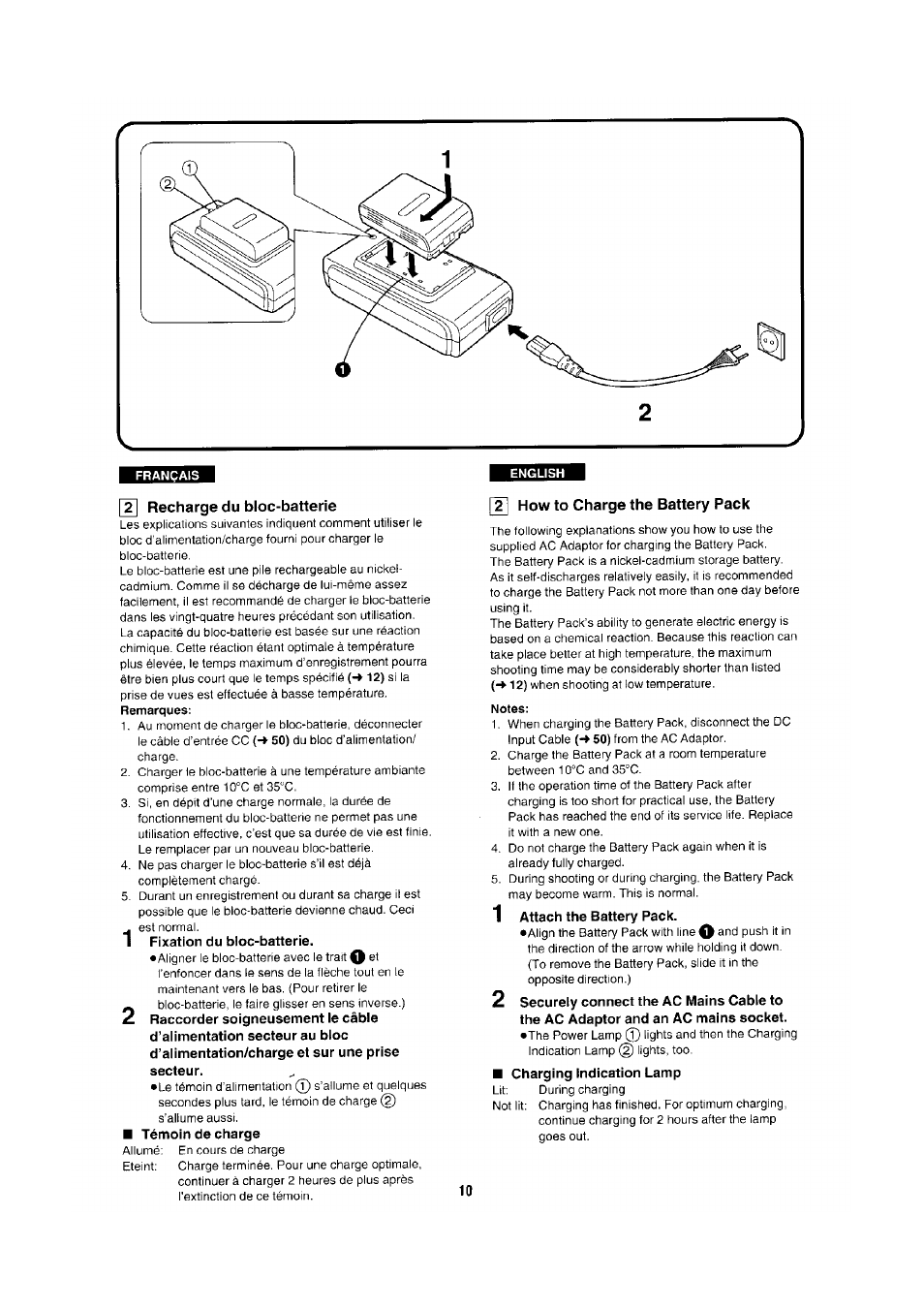 Recharge du bloc-batterie, 2 how to charge the battery pack, Notes | Panasonic NV-RX1-2-5 User Manual | Page 6 / 113