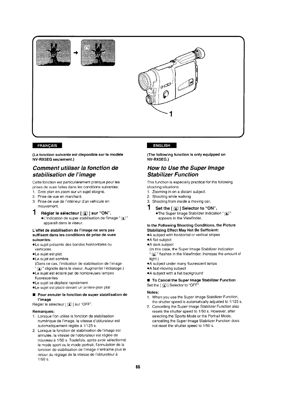 1 régler le sélecteur [ @ ] sur “on, Remarques, How to use the super image stabilizer function | To cancel the super image stabilizer function, Notes | Panasonic NV-RX1-2-5 User Manual | Page 62 / 113