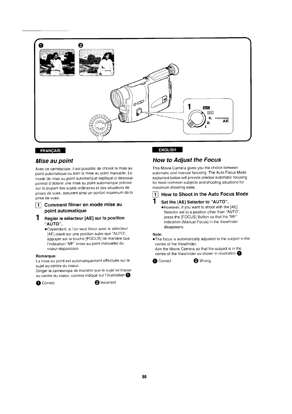 Mise au point, 1 régler le sélecteur [ae] sur la position “auto, Remarque | How to adjust the focus, Pt| how to shoot in the auto focus mode, 1 set the [ae] selector to “auto, Note | Panasonic NV-RX1-2-5 User Manual | Page 74 / 113