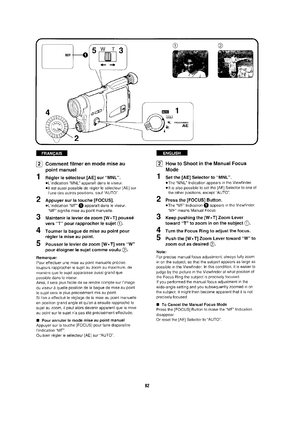 Comment filmer en mode mise au point manuel, Remarque, How to shoot in the manual focus mode | Panasonic NV-RX1-2-5 User Manual | Page 76 / 113