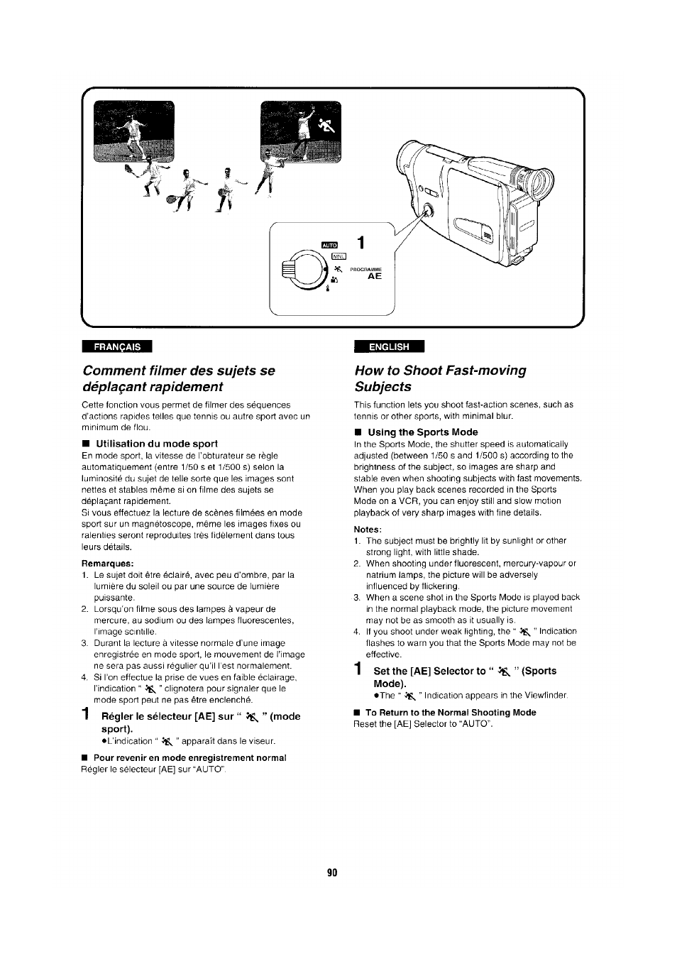 Comment filmer des sujets se déplaçant rapidement, Utilisation du mode sport, 1 régler le sélecteur [ae] sur “ ^ ” (mode sport) | How to shoot fast-moving subjects, Using the sports mode, Notes, 1 set the [ae] selector to “ ^ ” (sports mode), To return to the normal shooting mode | Panasonic NV-RX1-2-5 User Manual | Page 82 / 113