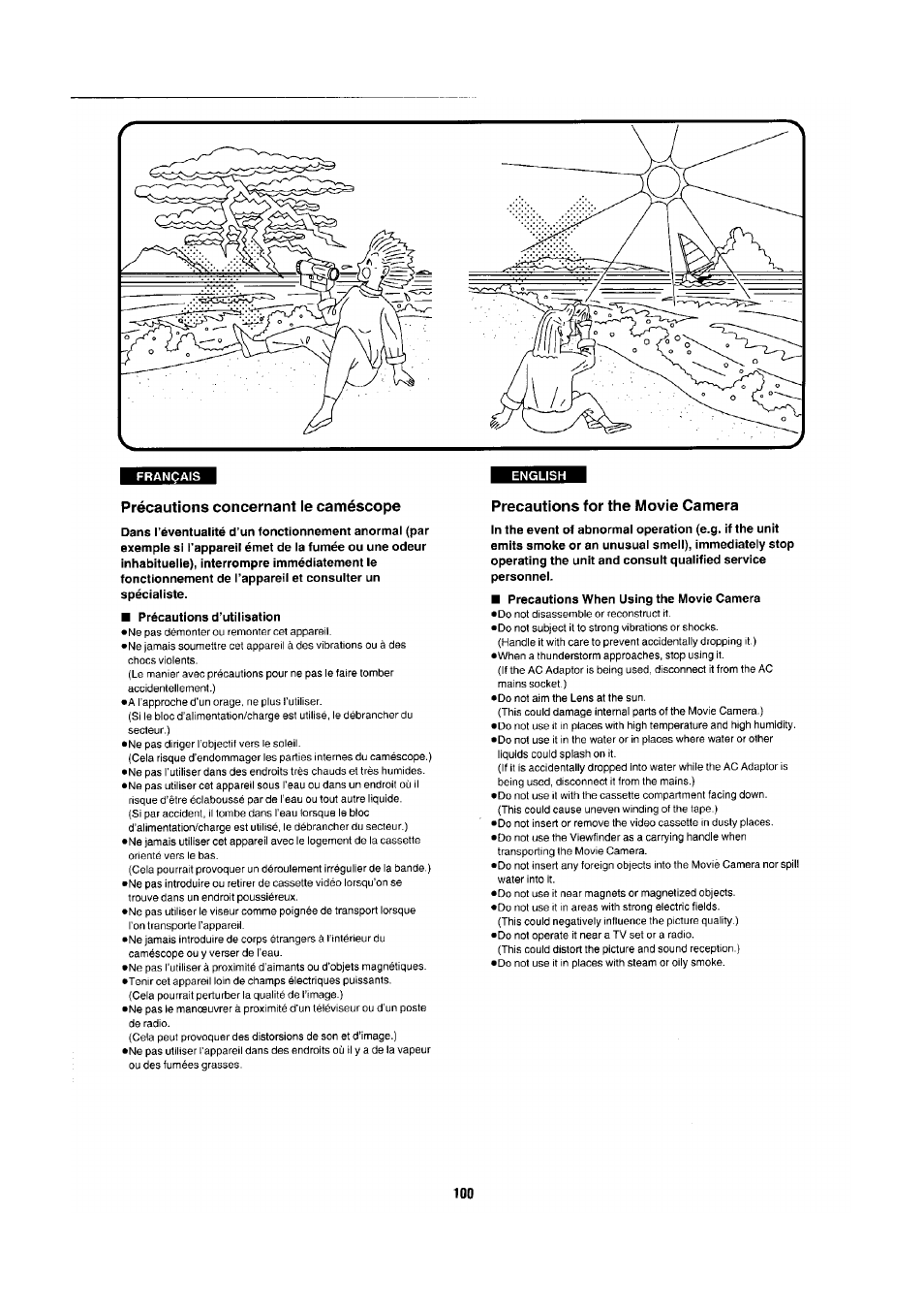 Français, Précautions concernant le caméscope, Précautions d’utilisation | Precautions for the movie camera | Panasonic NV-RX1-2-5 User Manual | Page 92 / 113