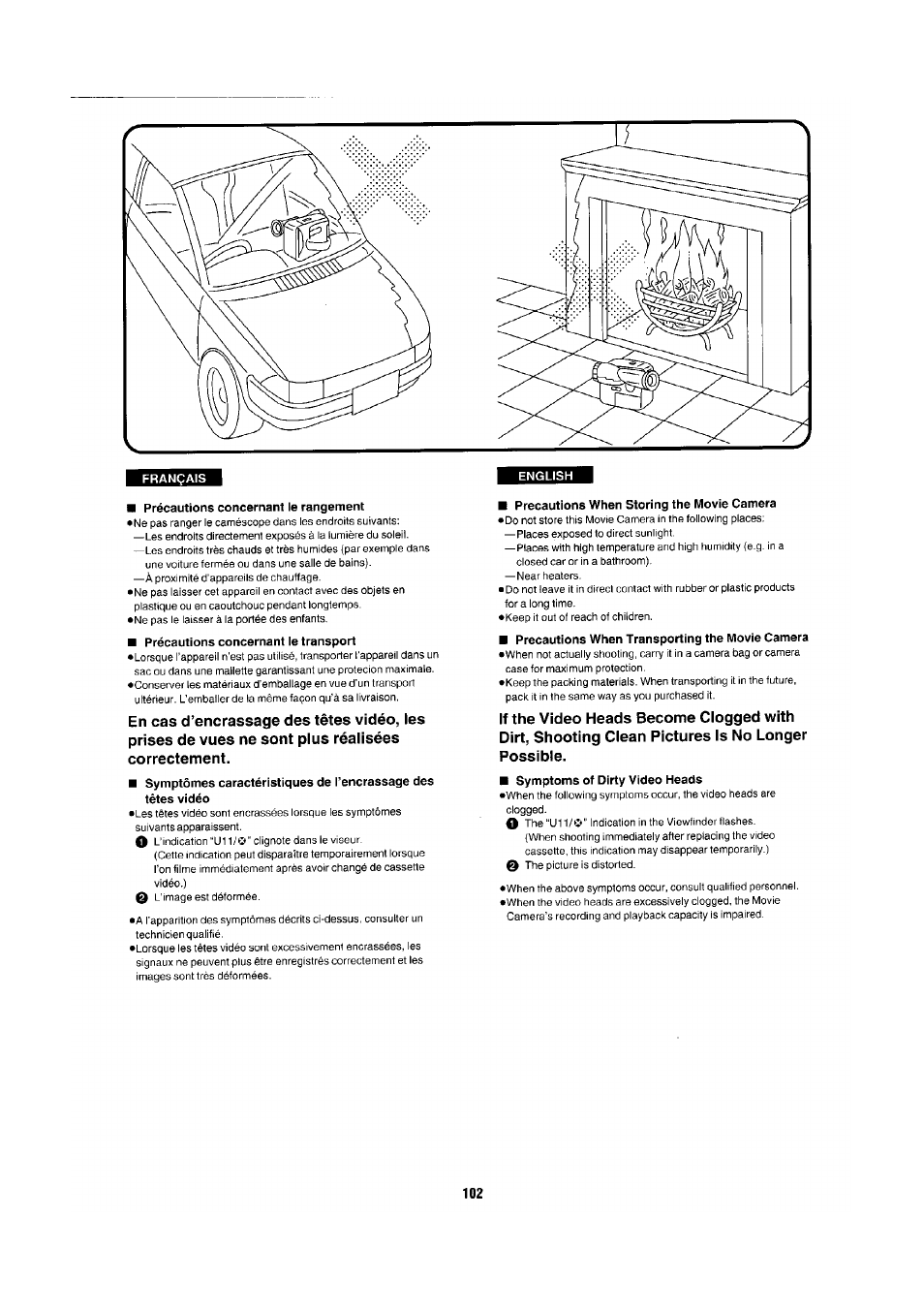 Précautions concernant le rangement, Precautions when storing the movie camera | Panasonic NV-RX1-2-5 User Manual | Page 94 / 113