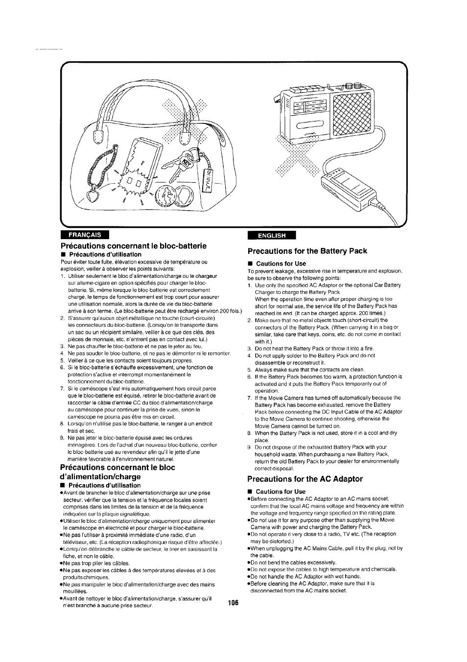 Précautions concernant le bloc-batterie, Precautions for the battery pack, Precautions for the ac adaptor | Panasonic NV-RX1-2-5 User Manual | Page 98 / 113