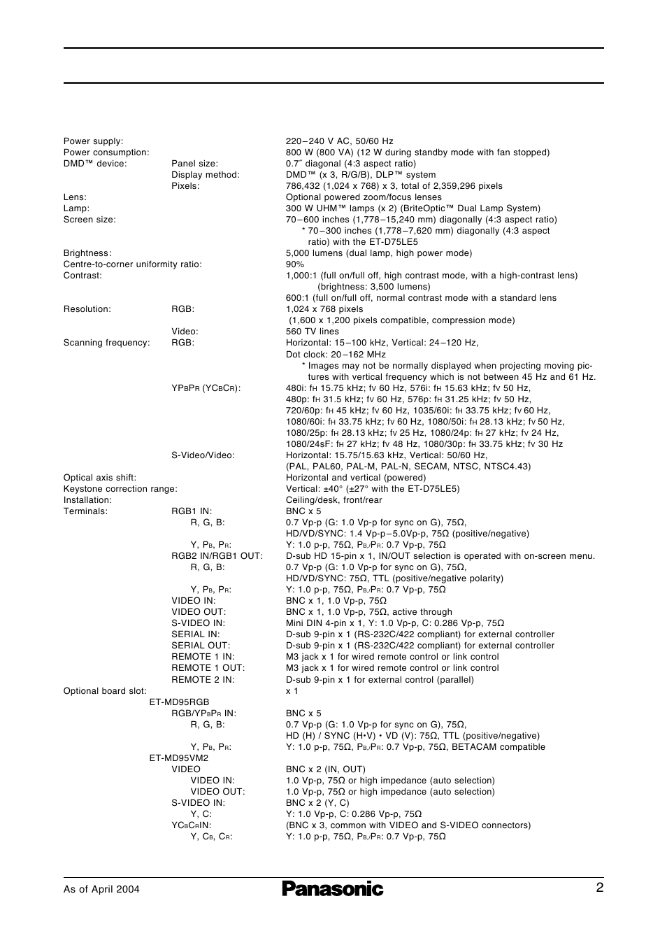 Specifications, Pt-d7500 | Panasonic PT-D7500E User Manual | Page 2 / 7