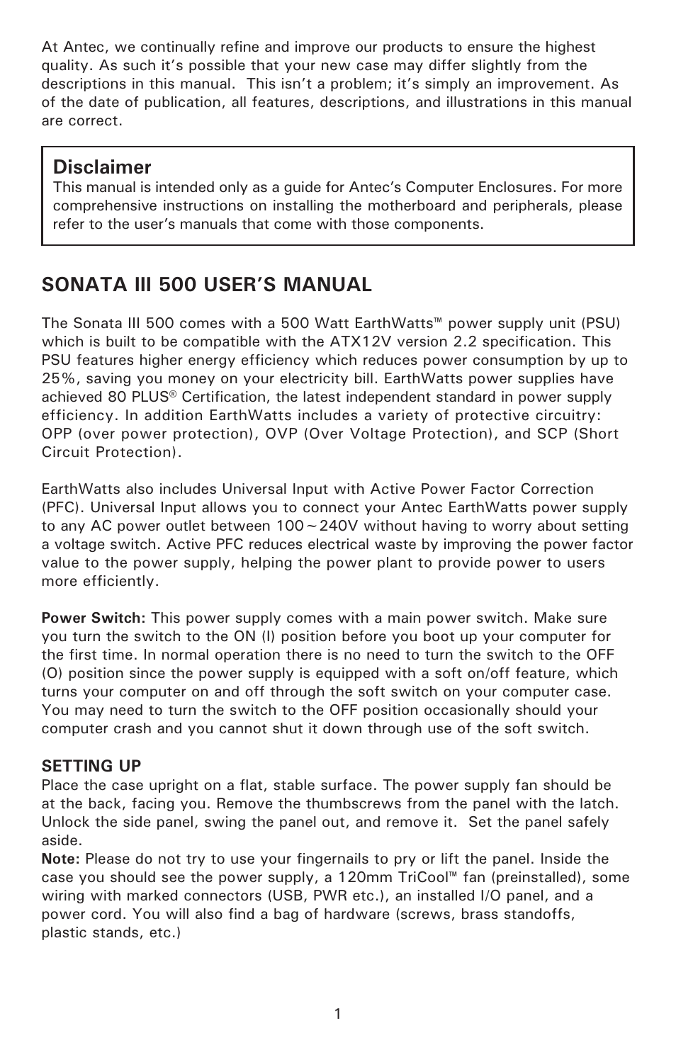 Sonata iii 500 user’s manual, Disclaimer | Antec Sonata III 500 User Manual | Page 2 / 7