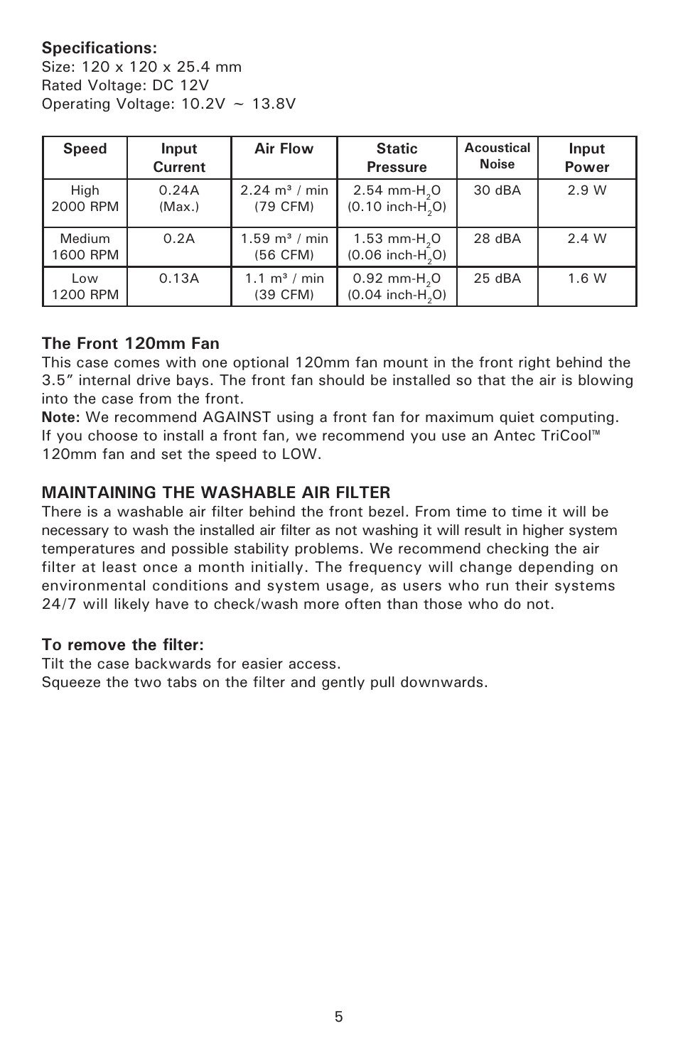 Specifications, The front 120mm fan, Maintaining the washable air filter | Antec Sonata III 500 User Manual | Page 6 / 7