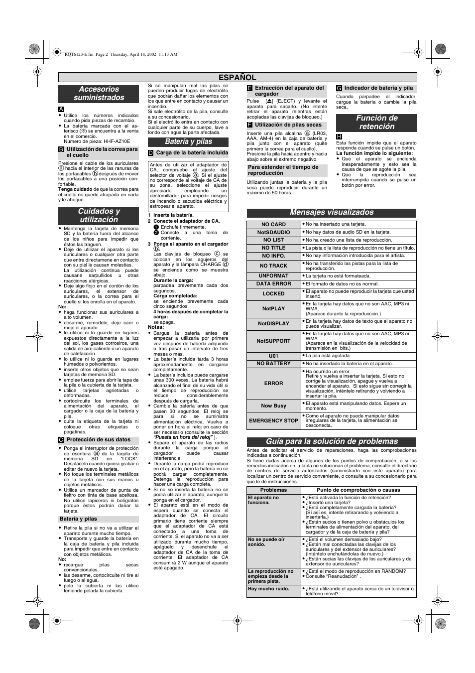 Accesorios suministrados, Cuidados y utilización, Función de retención | Mensajes visualizados, Guía para la solución de problemas, Español, Batería y pilas | Panasonic SV-SD80 User Manual | Page 2 / 8