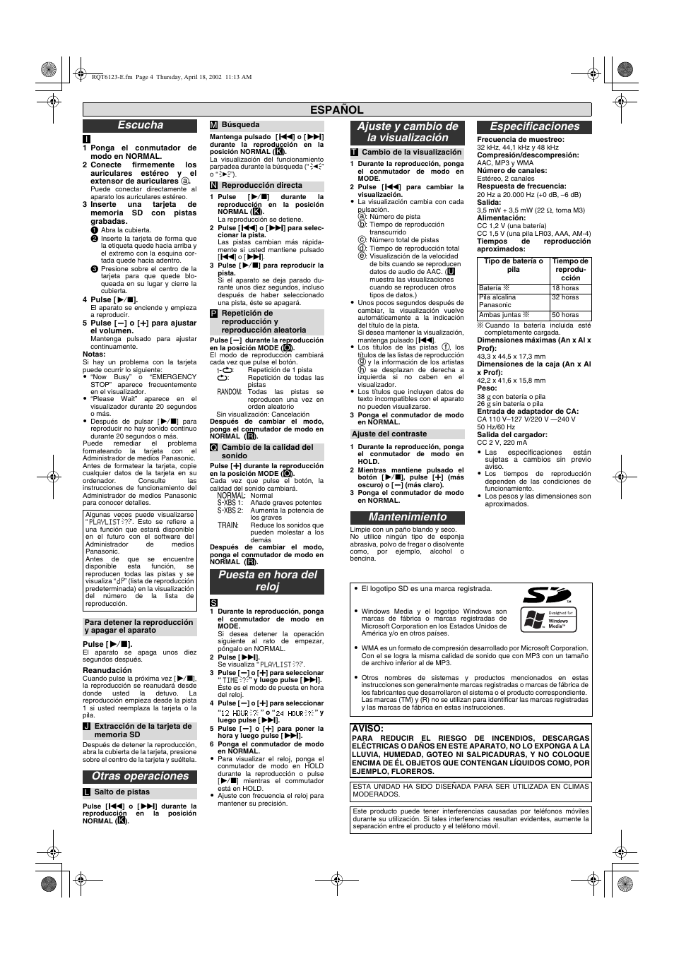 Escucha, Otras operaciones, Puesta en hora del reloj | Ajuste y cambio de la visualización, Mantenimiento especificaciones, Español | Panasonic SV-SD80 User Manual | Page 4 / 8