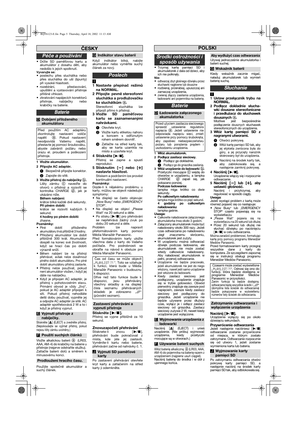 Baterie, Péče a používání baterie, Poslech | Środki ostrożności i sposób używania, Słuchanie, Polski česky | Panasonic SV-SD80 User Manual | Page 5 / 8