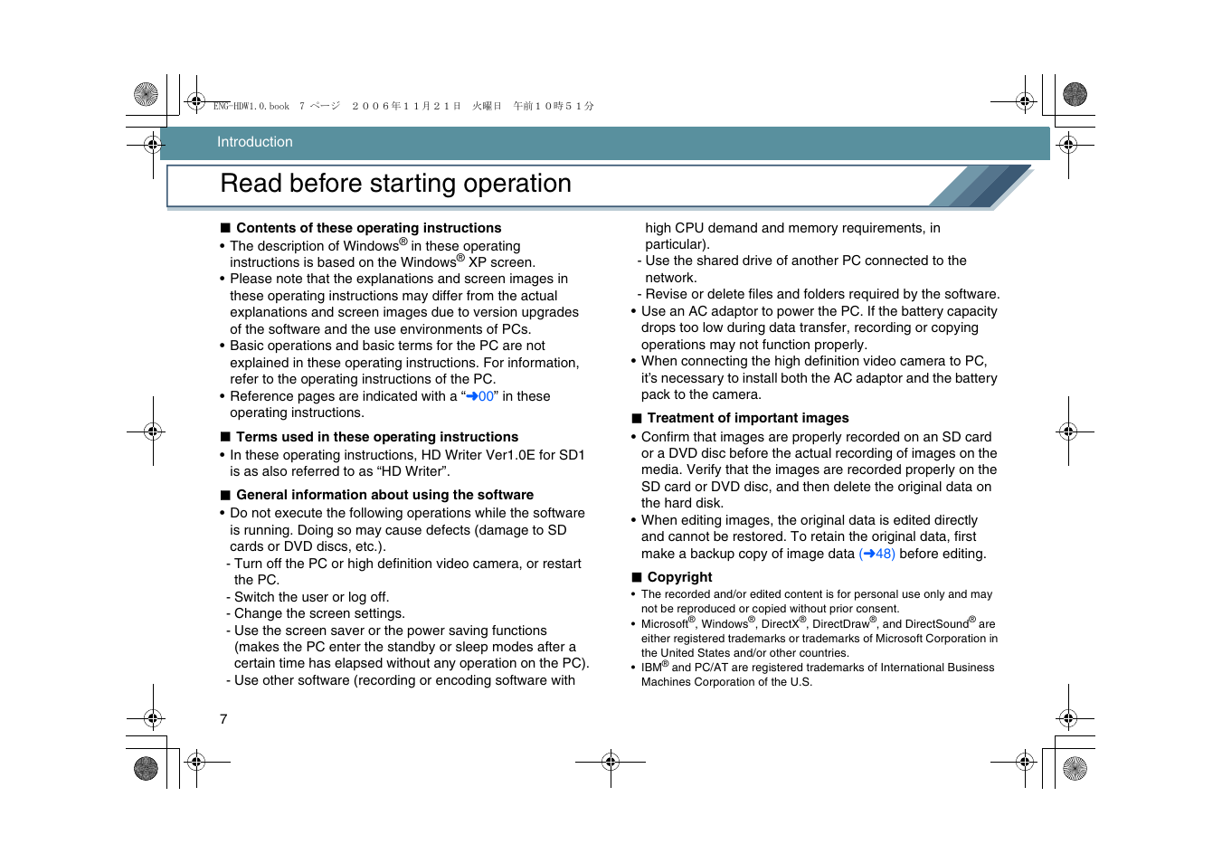 Read before starting operation | Panasonic -eng User Manual | Page 7 / 76