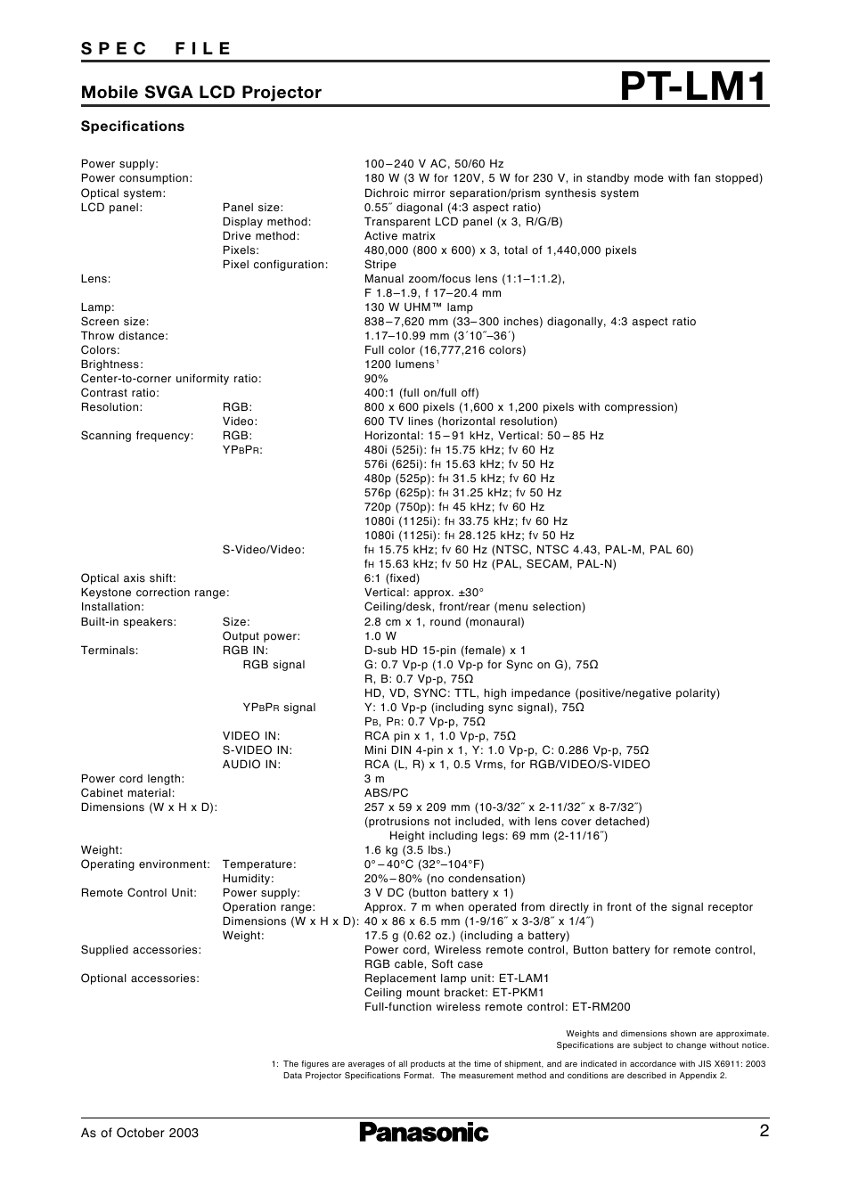 Specifications, Pt-lm1 | Panasonic PT-LM1E User Manual | Page 2 / 4