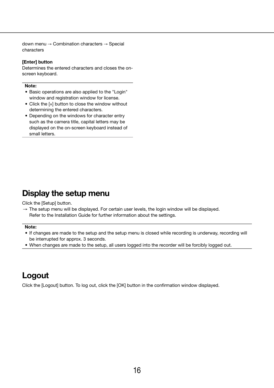 Display the setup menu, Logout | Panasonic WJ-NV200 - User Manual | Page 16 / 97