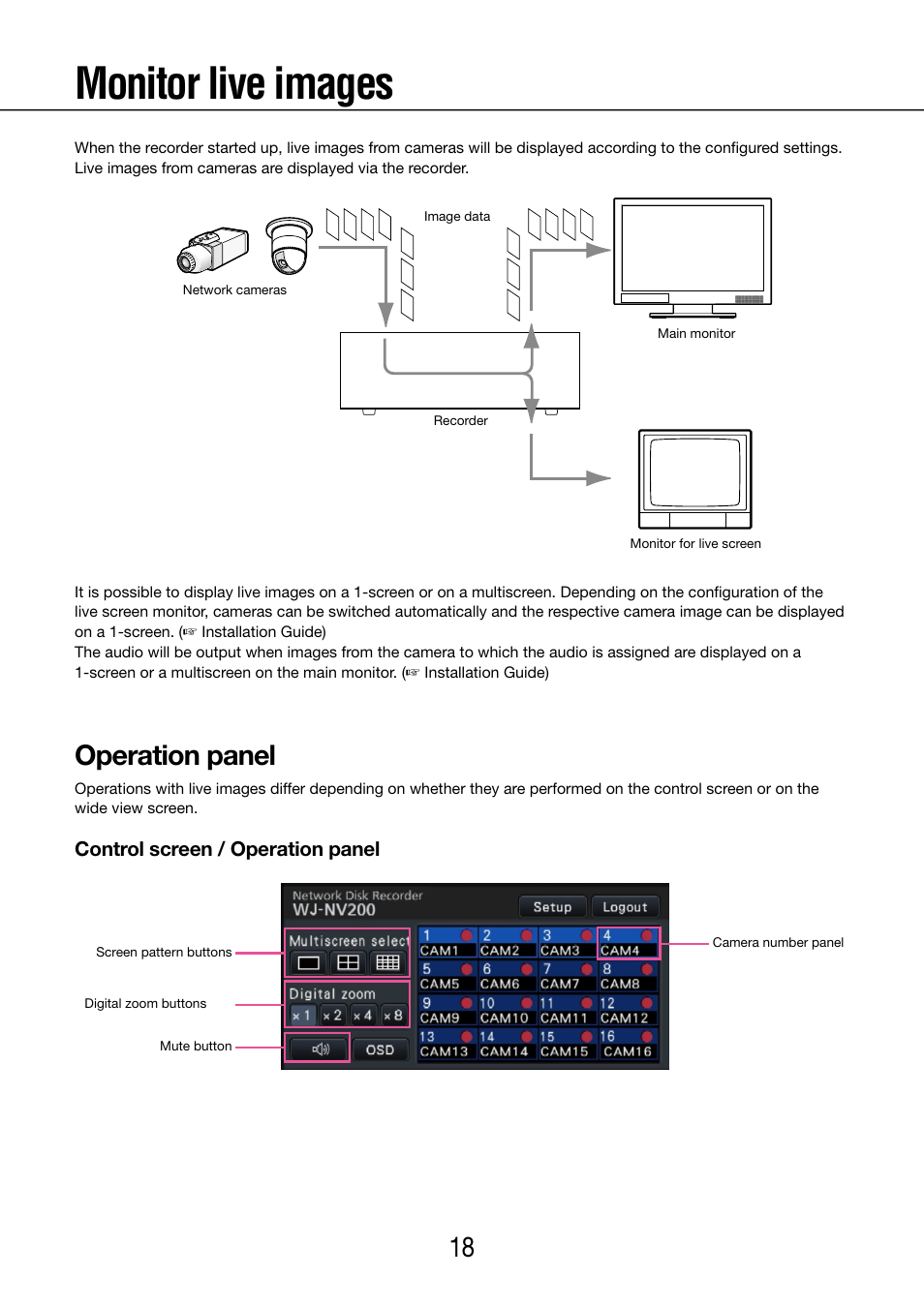 Monitor live images, Operation panel | Panasonic WJ-NV200 - User Manual | Page 18 / 97