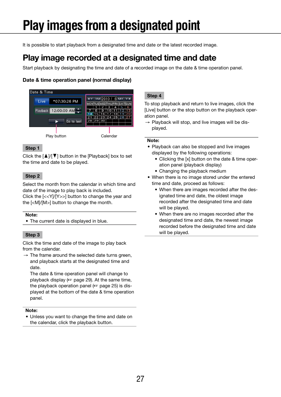 Play images from a designated point, Play image recorded at a designated time and date | Panasonic WJ-NV200 - User Manual | Page 27 / 97