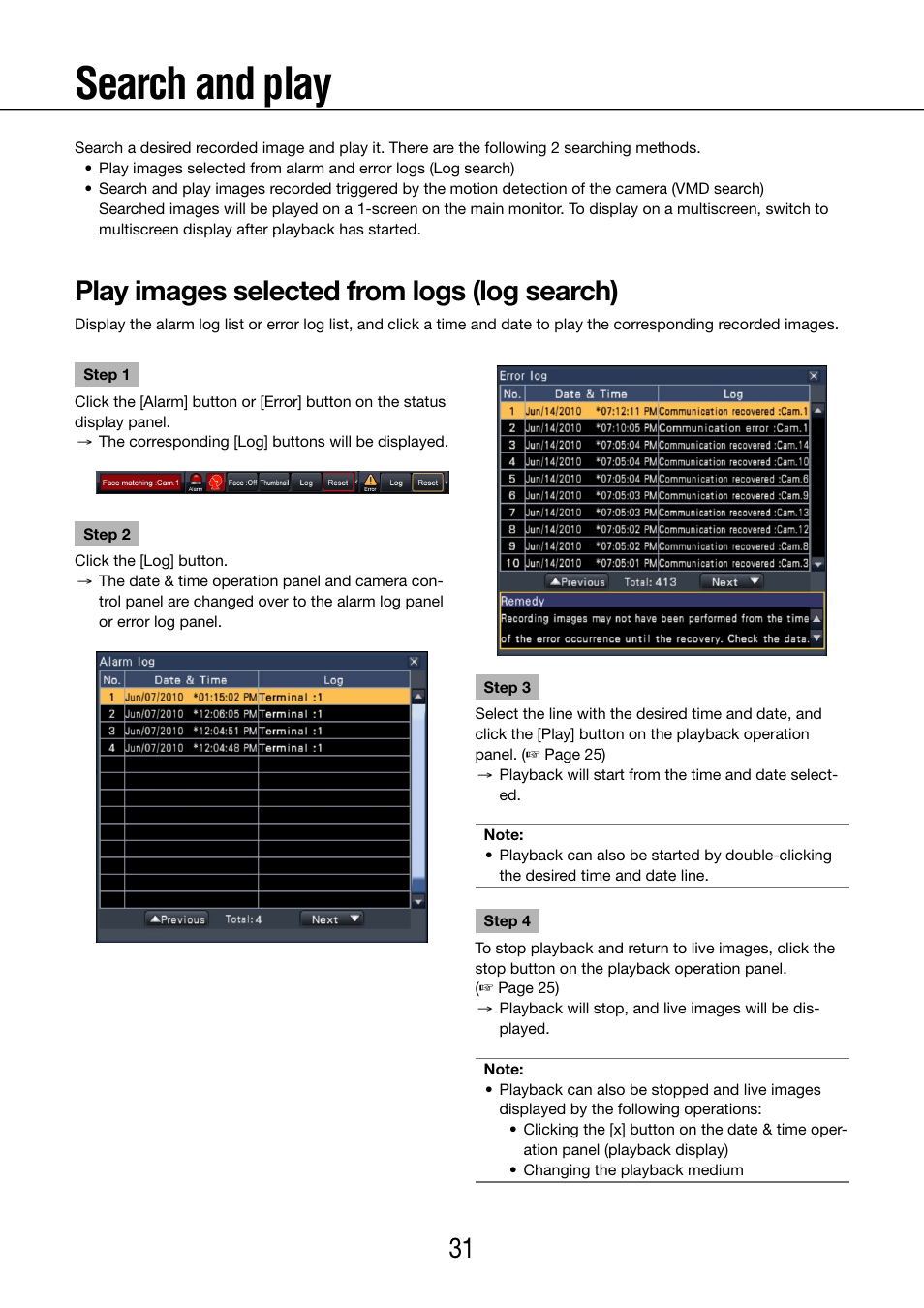 Search and play, Play images selected from logs (log search) | Panasonic WJ-NV200 - User Manual | Page 31 / 97