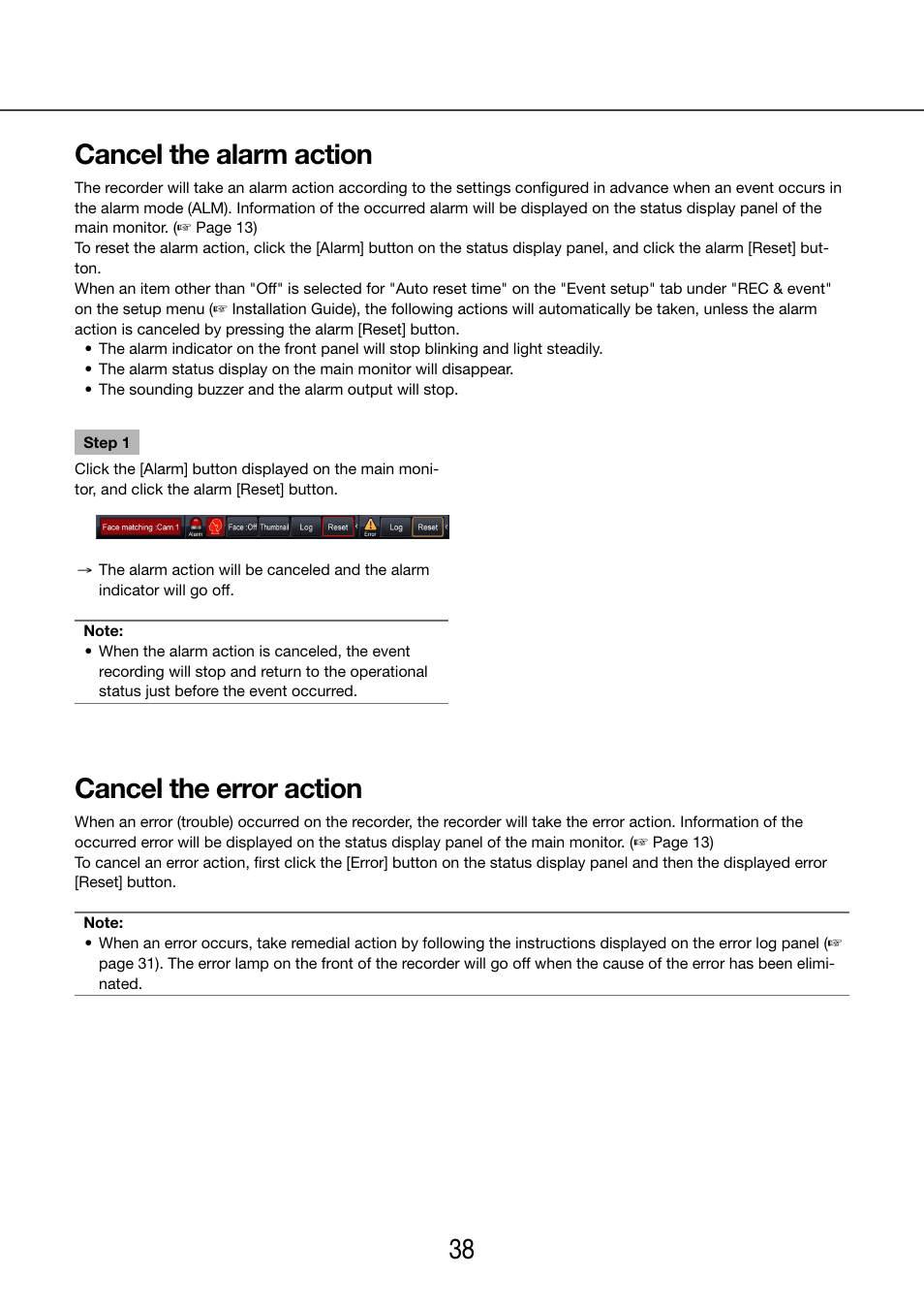 Cancel the alarm action, Cancel the error action | Panasonic WJ-NV200 - User Manual | Page 38 / 97