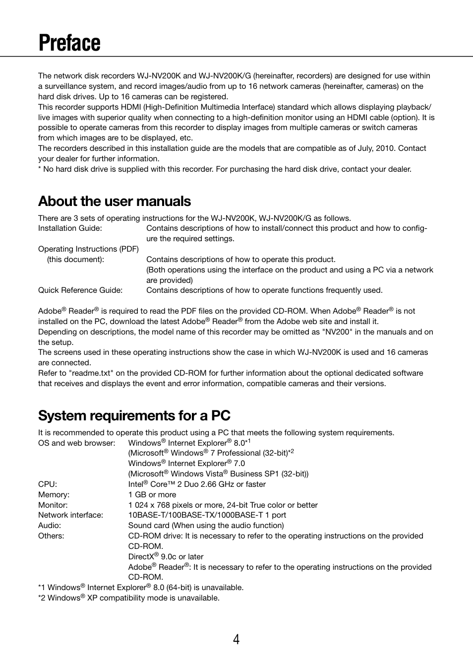 Preface, About the user manuals, System requirements for a pc | Panasonic WJ-NV200 - User Manual | Page 4 / 97