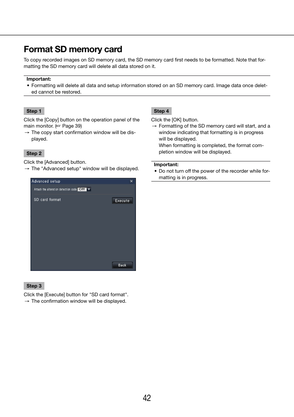 Format sd memory card | Panasonic WJ-NV200 - User Manual | Page 42 / 97