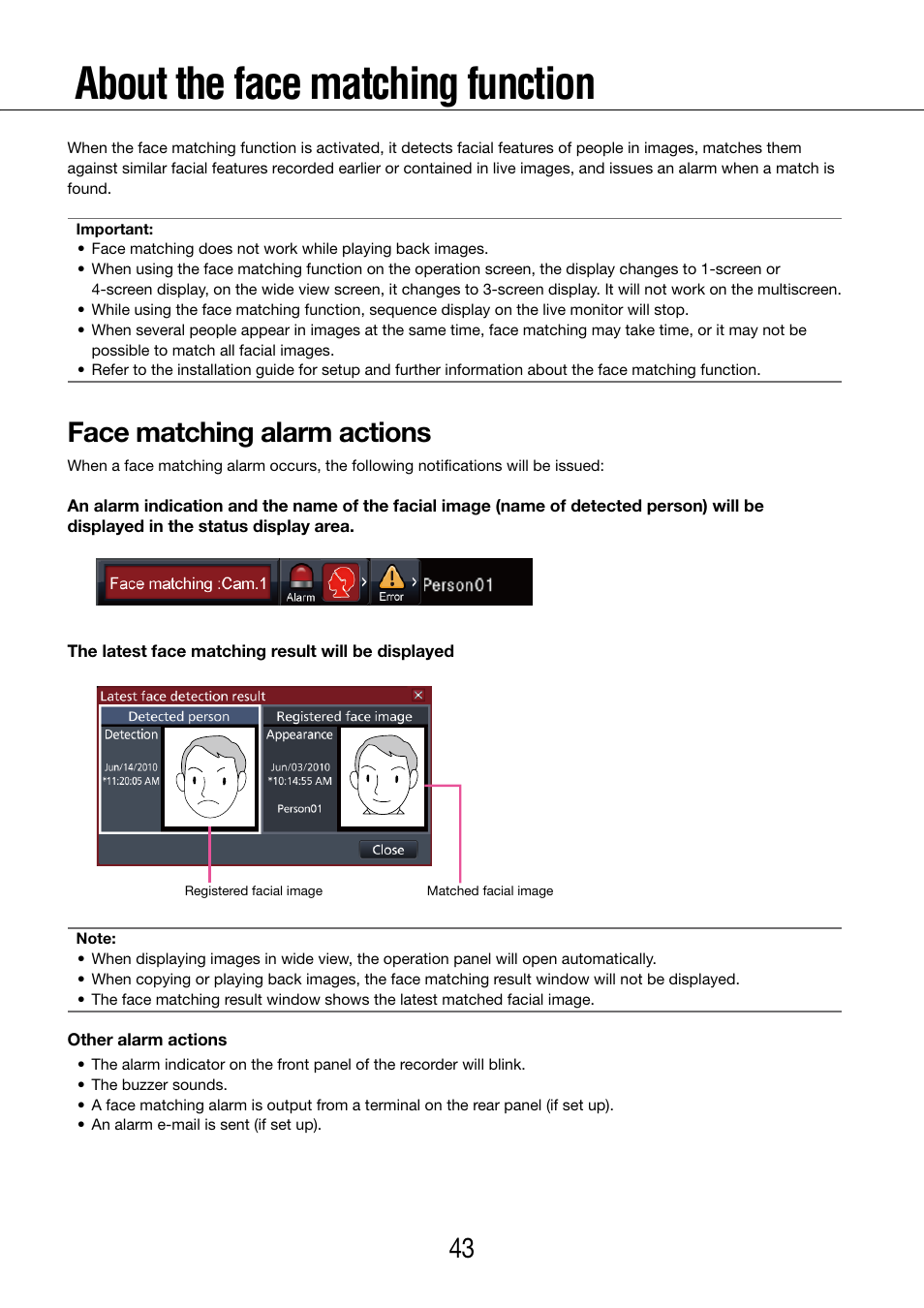 About the face matching function, Face matching alarm actions | Panasonic WJ-NV200 - User Manual | Page 43 / 97