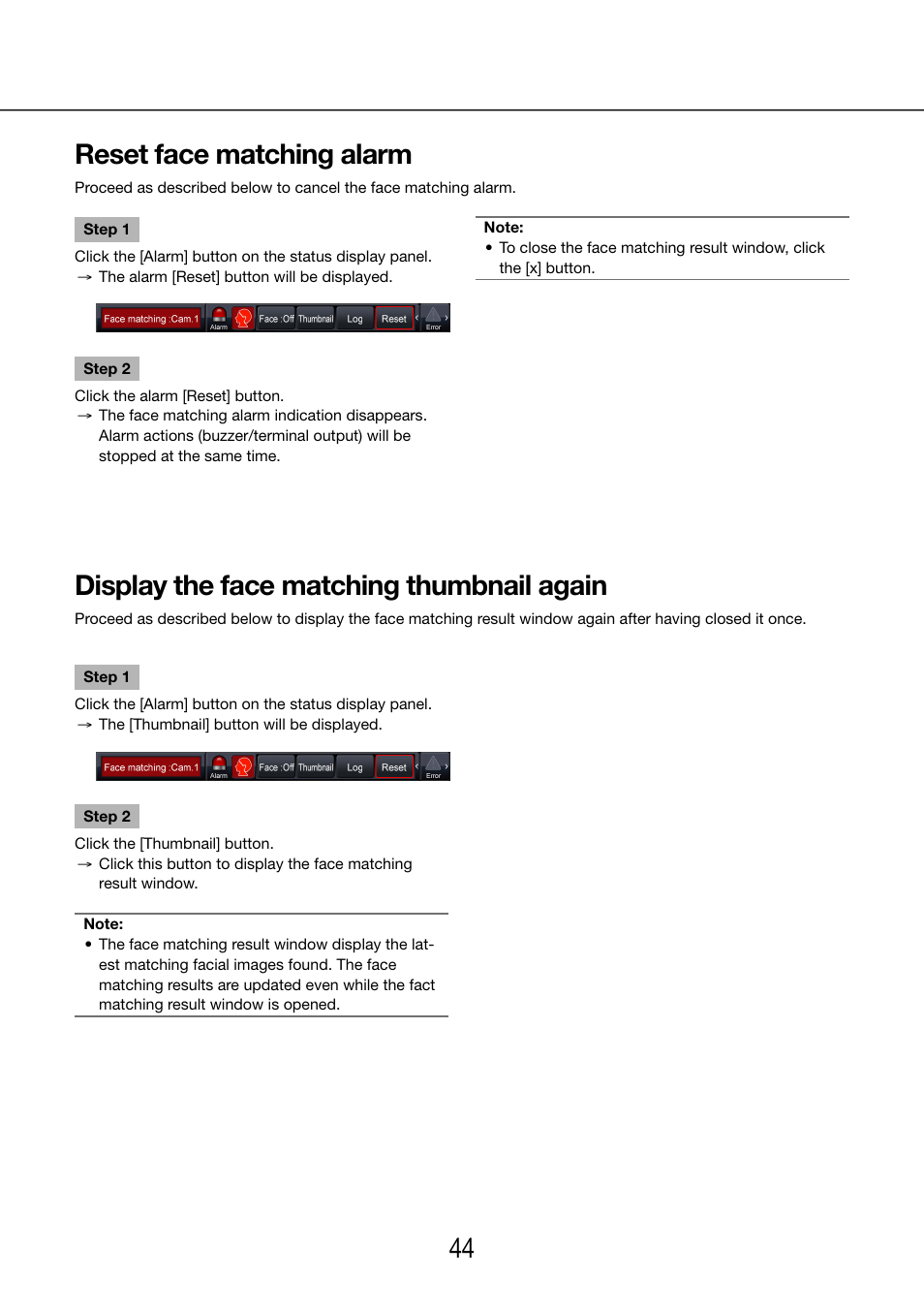 Reset face matching alarm, Display the face matching thumbnail again | Panasonic WJ-NV200 - User Manual | Page 44 / 97