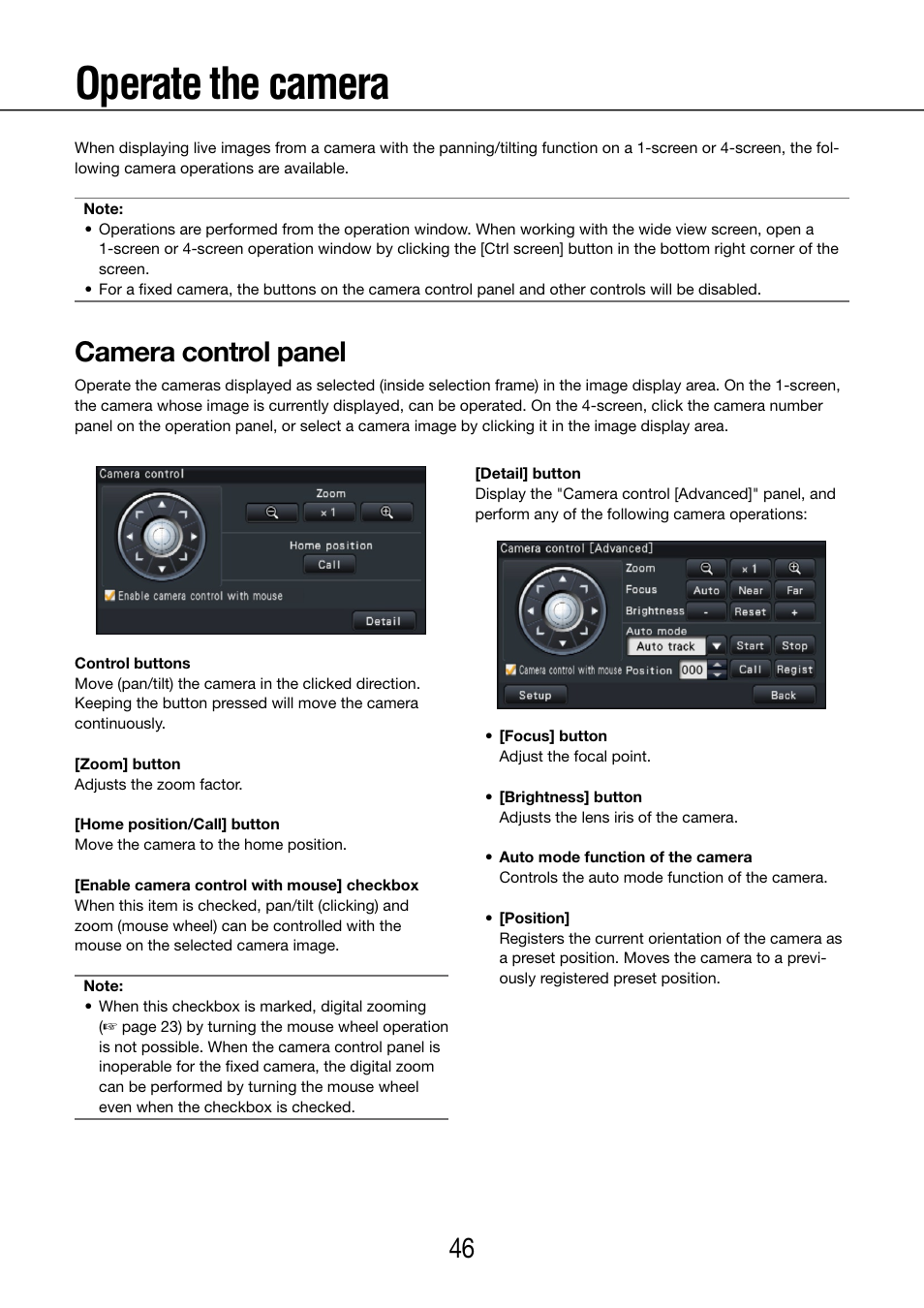 Operate the camera, Camera control panel | Panasonic WJ-NV200 - User Manual | Page 46 / 97