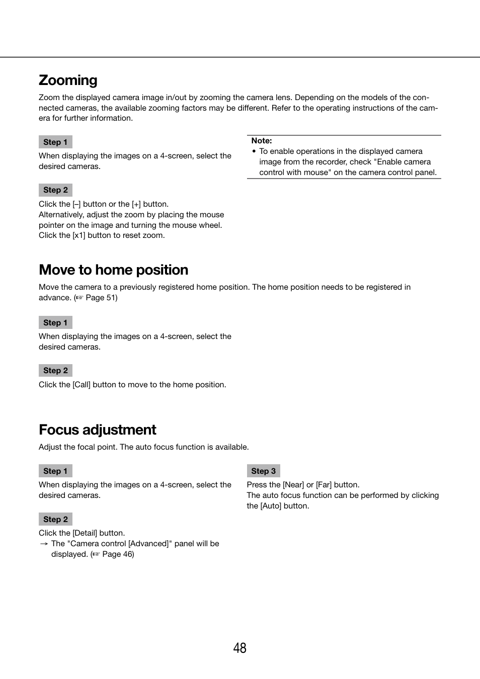 Zooming, Move to home position, Focus adjustment | 48 49 zooming | Panasonic WJ-NV200 - User Manual | Page 48 / 97