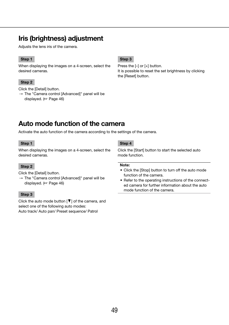 Iris (brightness) adjustment, Auto mode function of the camera, 48 49 iris (brightness) adjustment | Panasonic WJ-NV200 - User Manual | Page 49 / 97