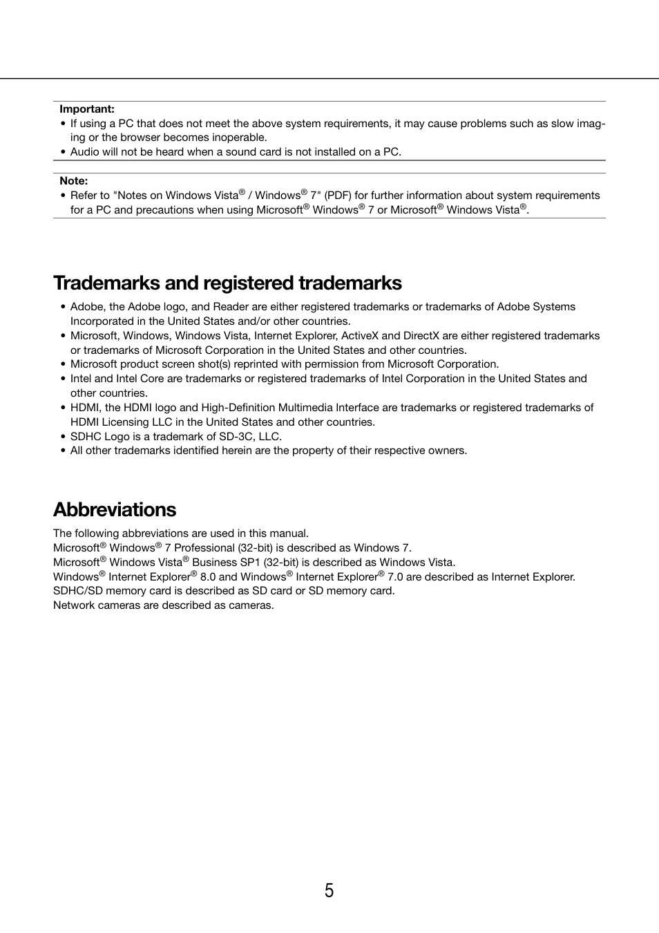 Trademarks and registered trademarks, Abbreviations | Panasonic WJ-NV200 - User Manual | Page 5 / 97