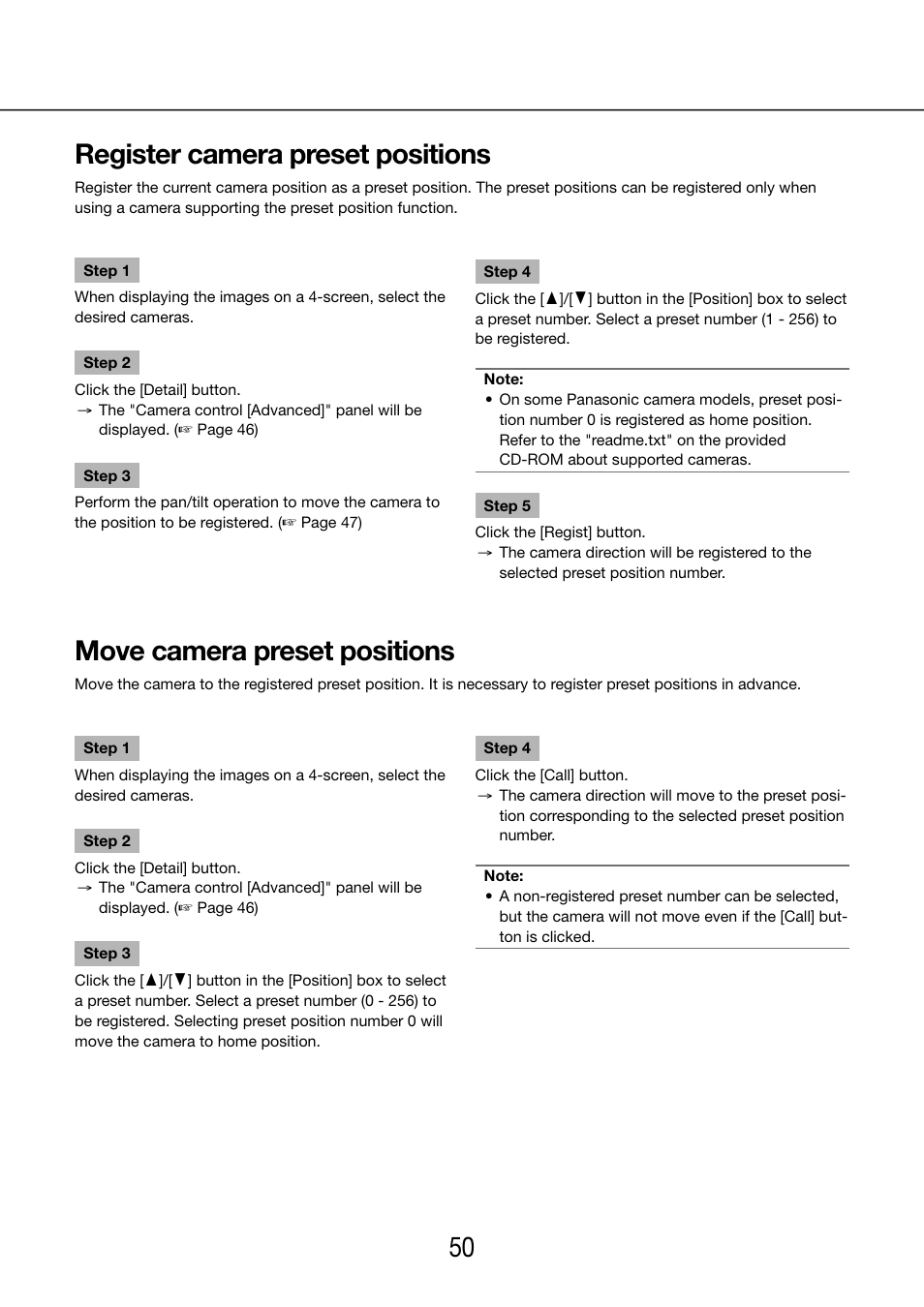 Register camera preset positions, Move camera preset positions, 50 51 register camera preset positions | Panasonic WJ-NV200 - User Manual | Page 50 / 97