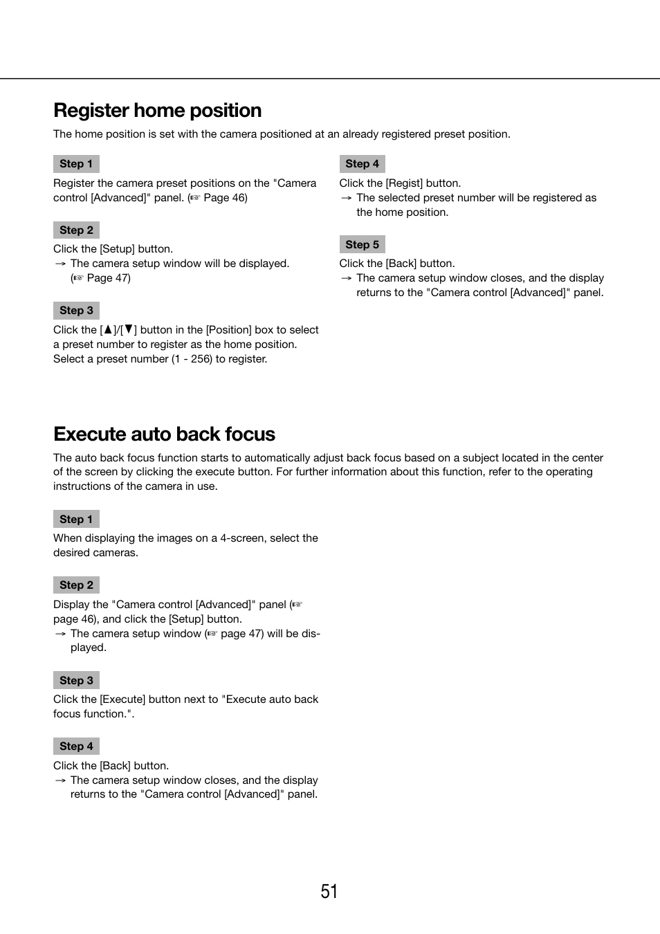 Register home position, Execute auto back focus, 50 51 register home position | Panasonic WJ-NV200 - User Manual | Page 51 / 97