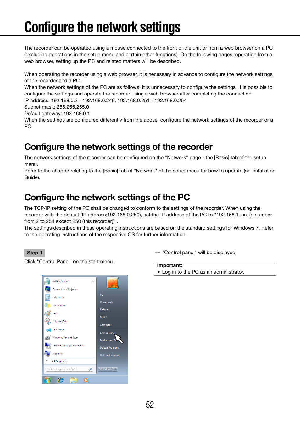 Configure the network settings, Configure the network settings of the recorder, Configure the network settings of the pc | Panasonic WJ-NV200 - User Manual | Page 52 / 97