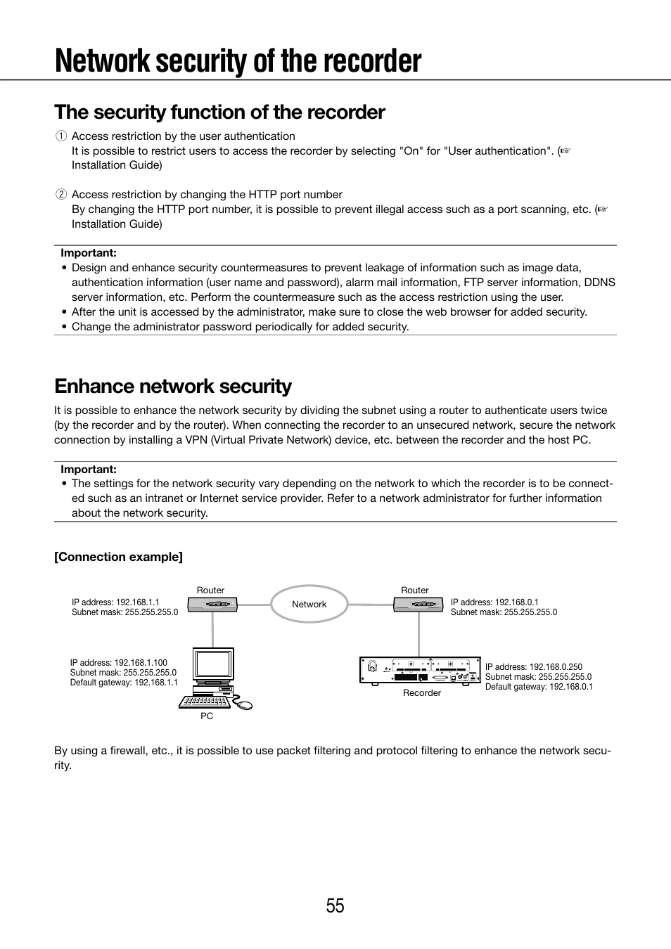 Network security of the recorder, The security function of the recorder, Enhance network security | Panasonic WJ-NV200 - User Manual | Page 55 / 97