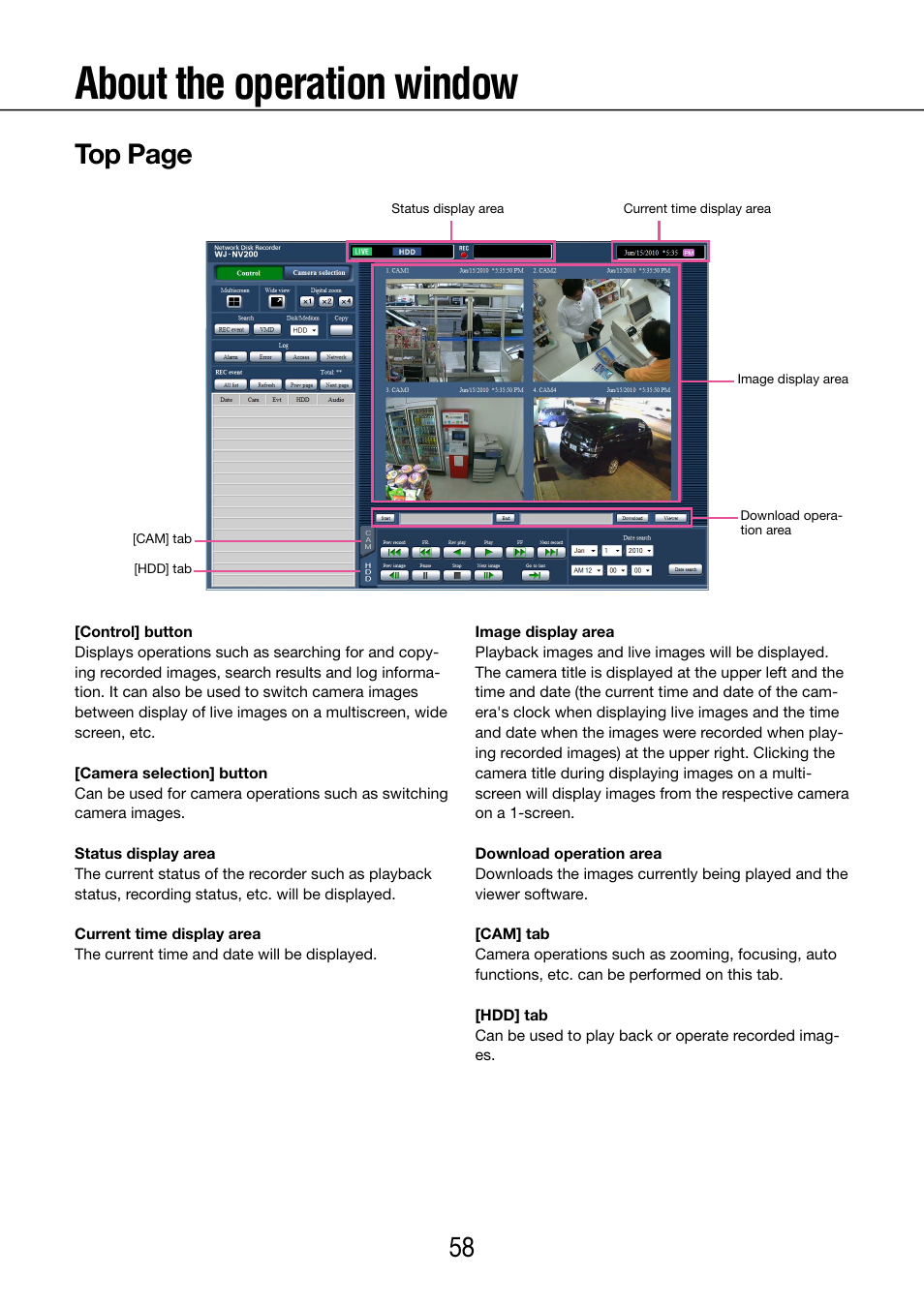 About the operation window, 58 59 top page | Panasonic WJ-NV200 - User Manual | Page 58 / 97