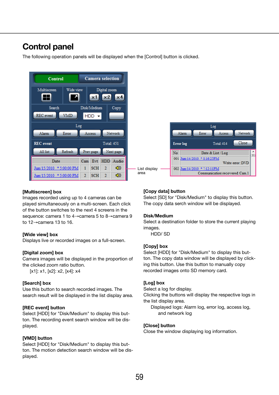 Control panel, 58 59 control panel | Panasonic WJ-NV200 - User Manual | Page 59 / 97