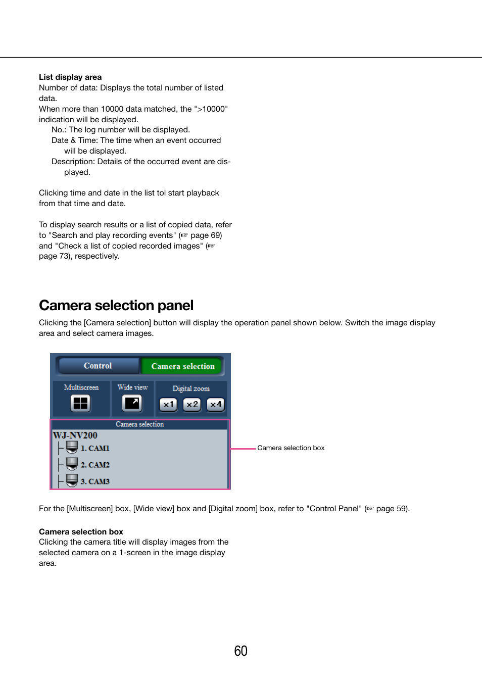 Camera selection panel | Panasonic WJ-NV200 - User Manual | Page 60 / 97